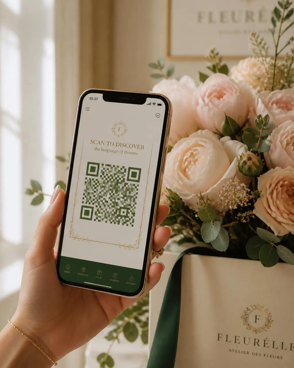 Recipient scanning a MEERA QR keepsake beside flowers